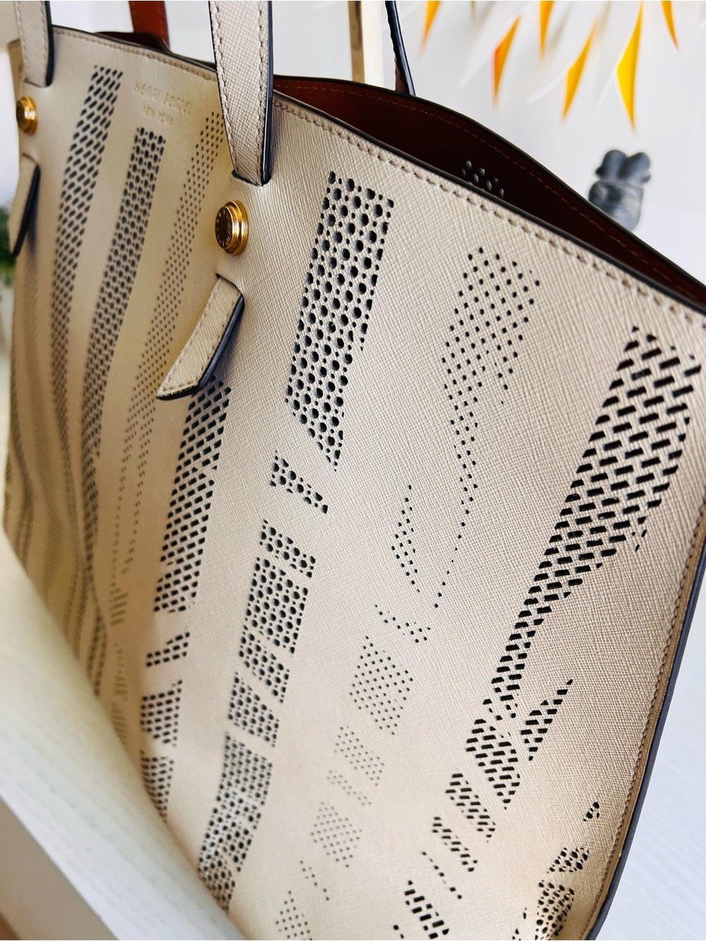 henri bendel Beige Laser-Cut Tote with Long Straps - Picture 7 of 12